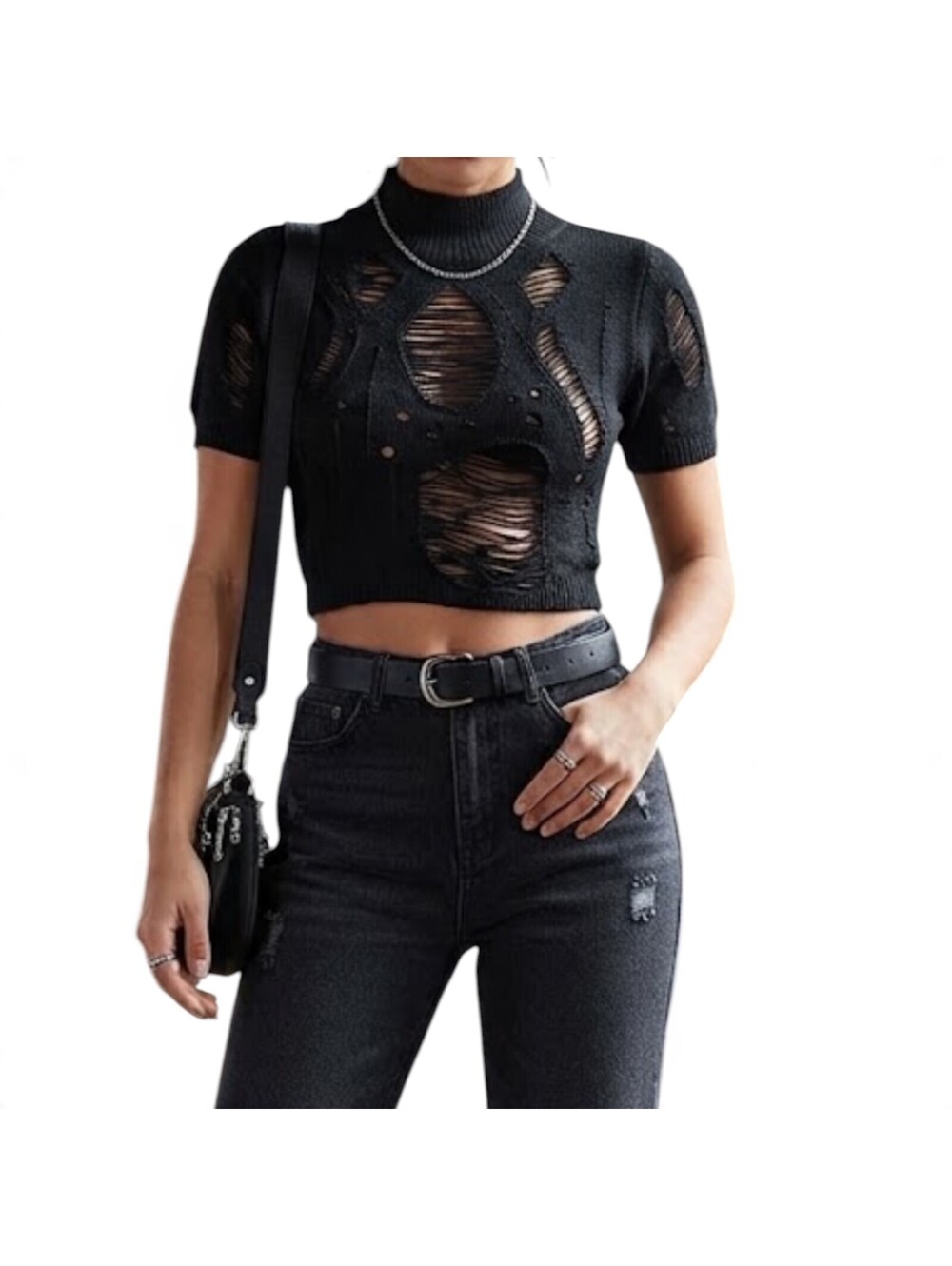 Black Distressed Knit Crop Top Mock Neck Short Sleeve Ripped Grunge Sweater